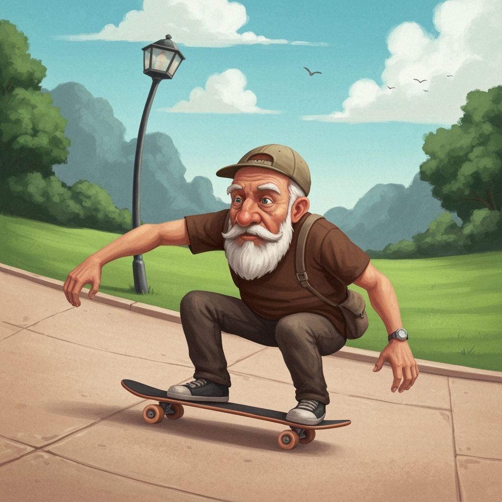 Whimsical Old Man Skateboarding in Park Digital Painting