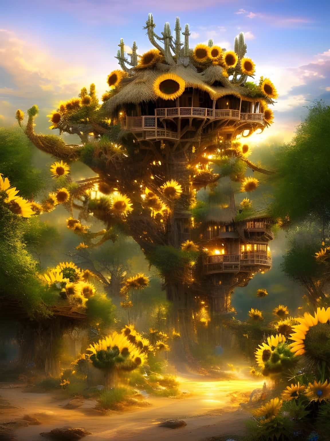 Sunflower Treehouse in Desert Paradise, Digital Painting