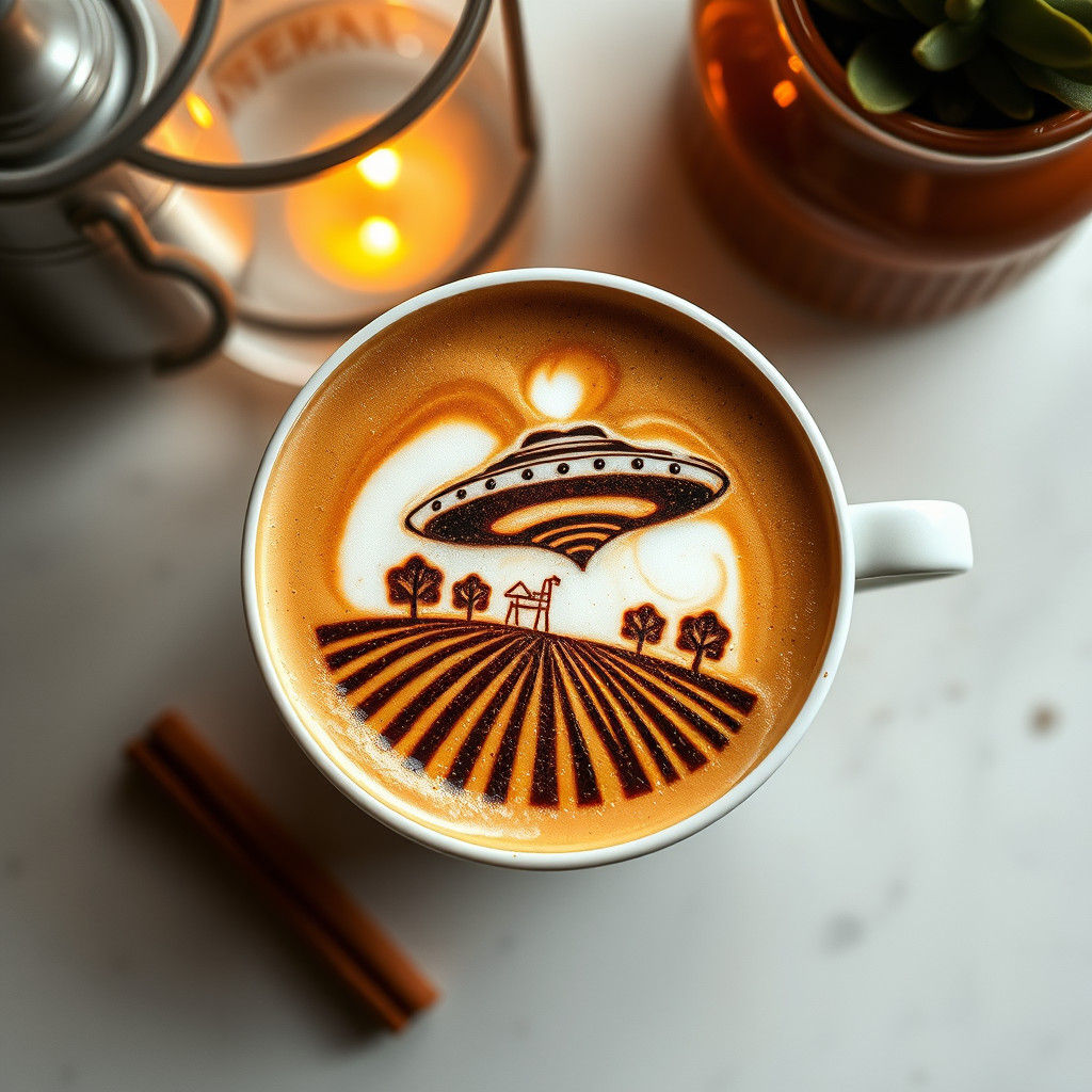 UFO Latte Art in Cozy Cafe Setting