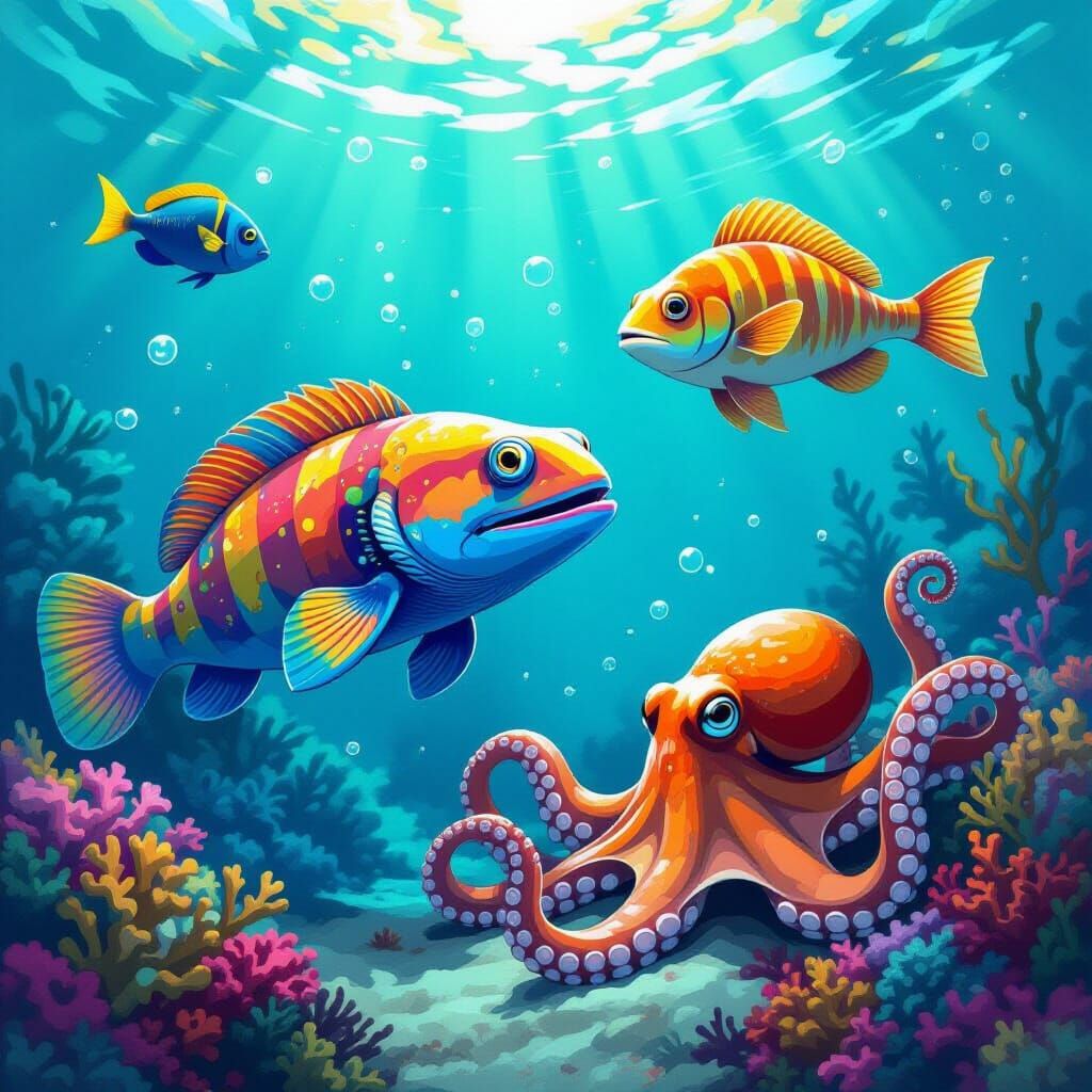 Vibrant Underwater Scene with Moray Eel and Octopus