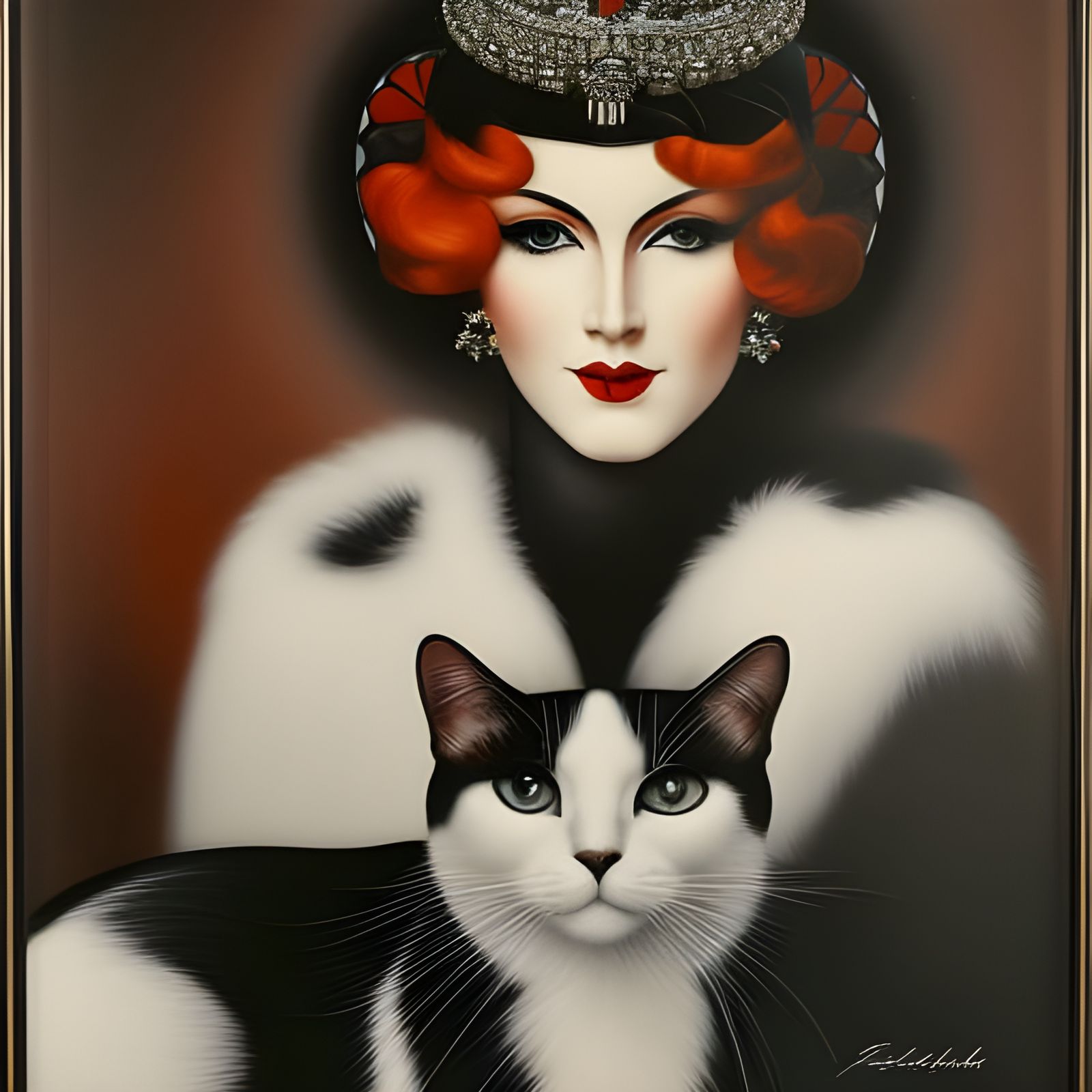 Art Deco Queen with Cat Portrait
