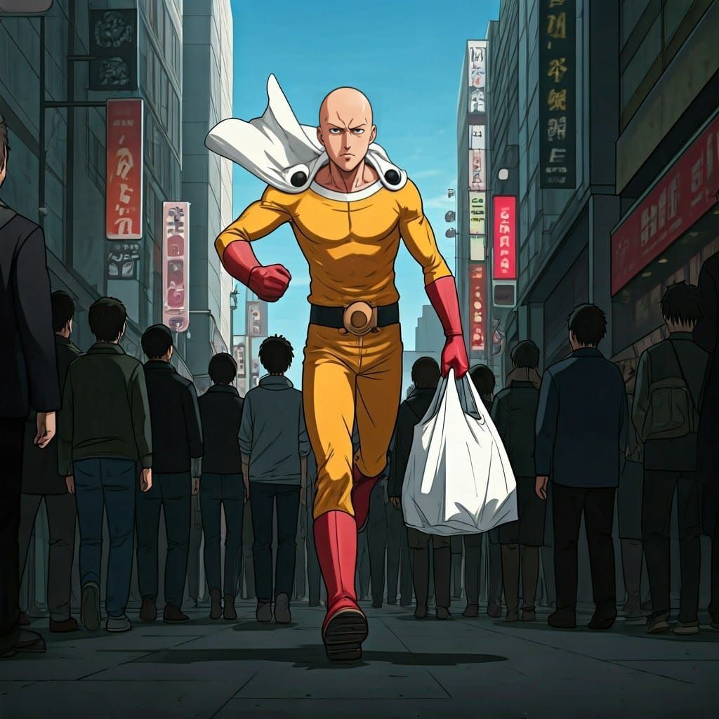 One Punch Man Chases Through Bustling City Streets with Shop...