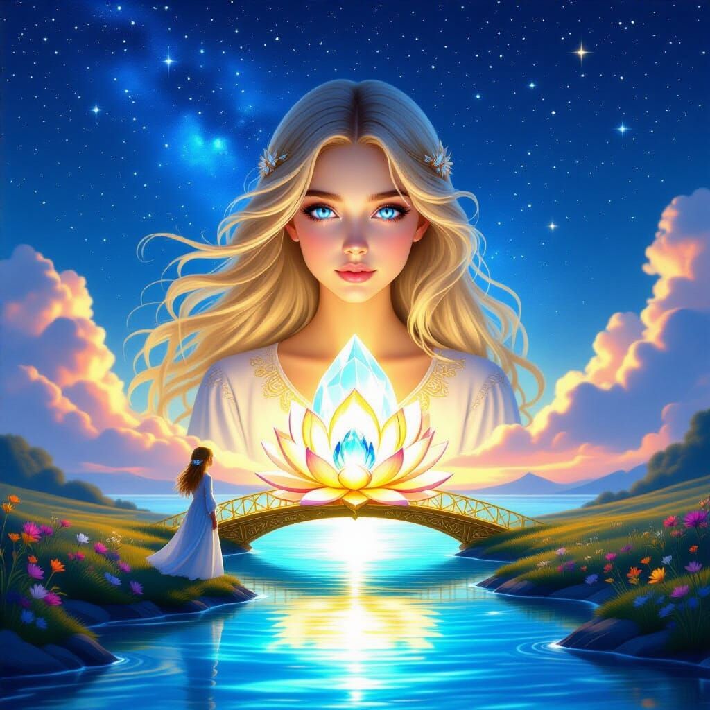 Serene Fantasy Artwork of Woman by Glowing River