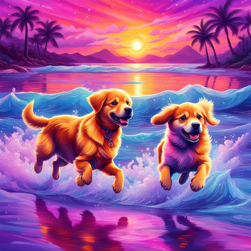 Golden Retriever and Husky Puppies Playing at Sunset