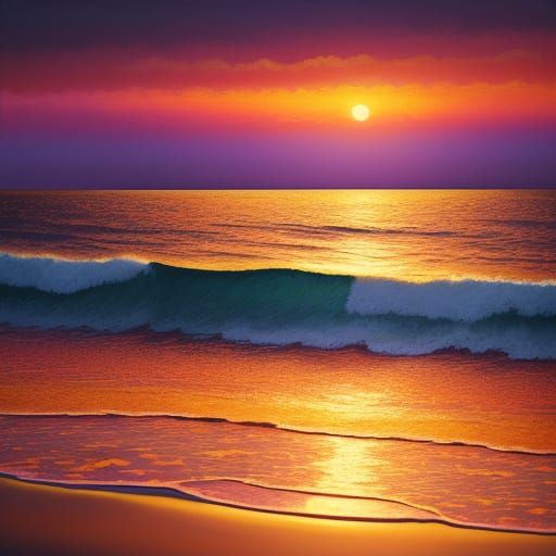 Vibrant Sunset Over Ocean as Oil Painting