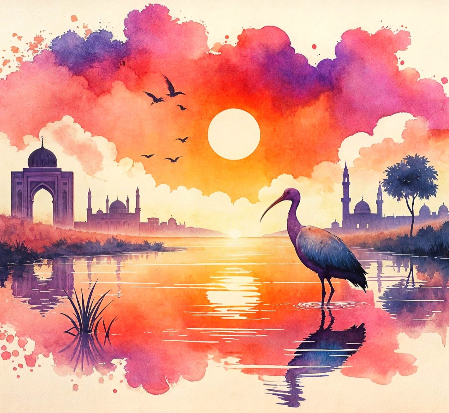 Ibis in Middle Eastern Sunset: Watercolor on Parchment
