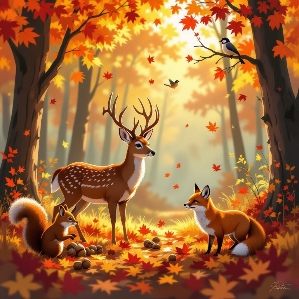 Serene Deer in Vibrant Autumn Forest with Woodland Animals