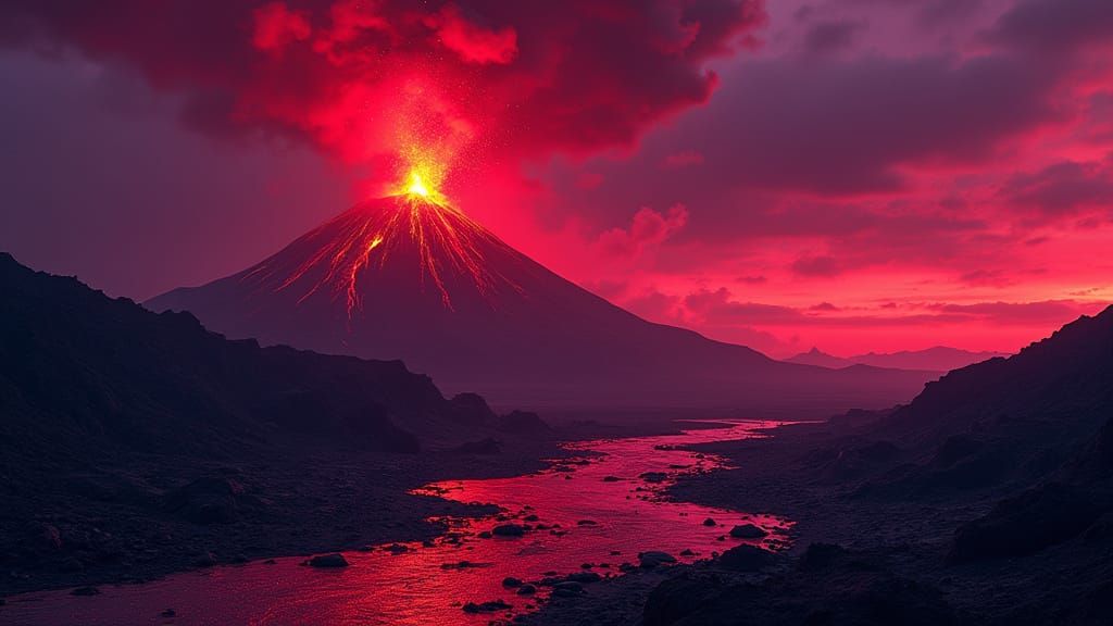 Vibrant Purple Volcano Erupts in Glitch Art