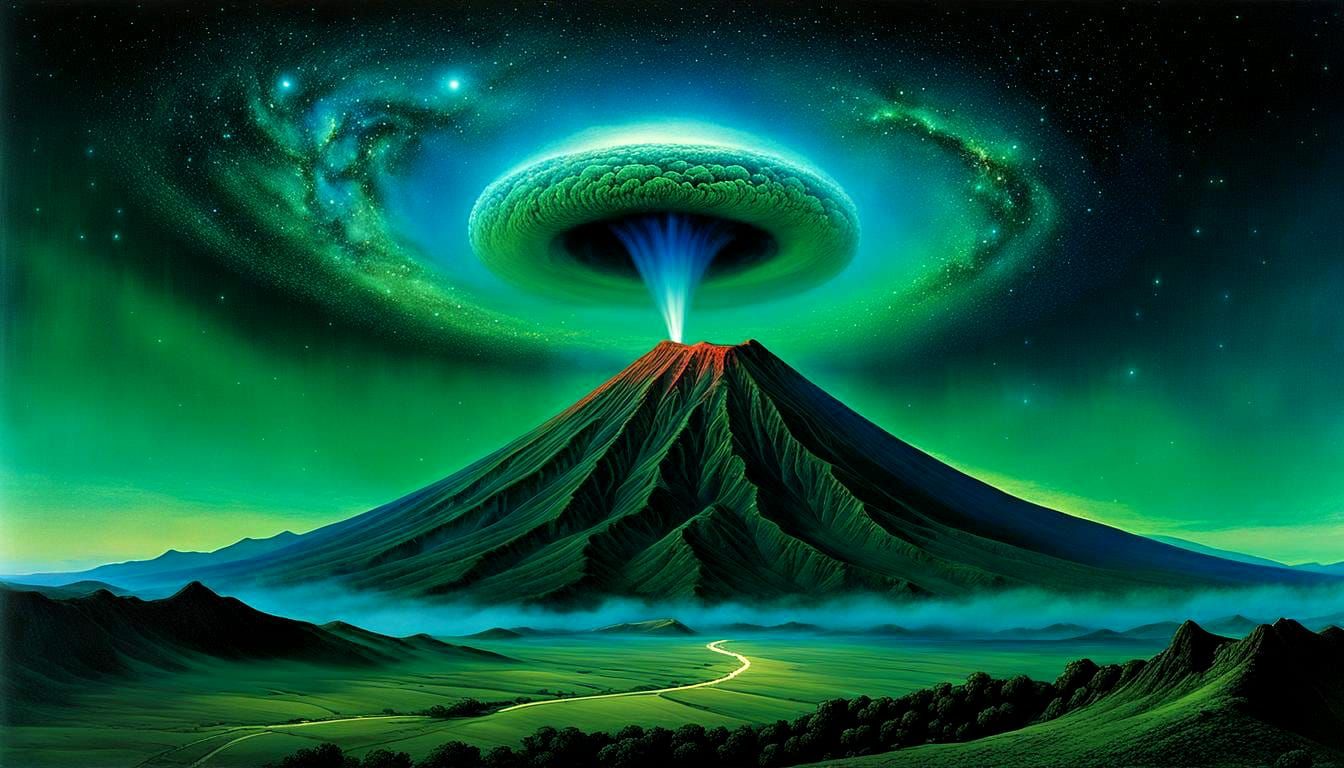 Ethereal Fantasy Volcano Dreamscape Under Starry Sky