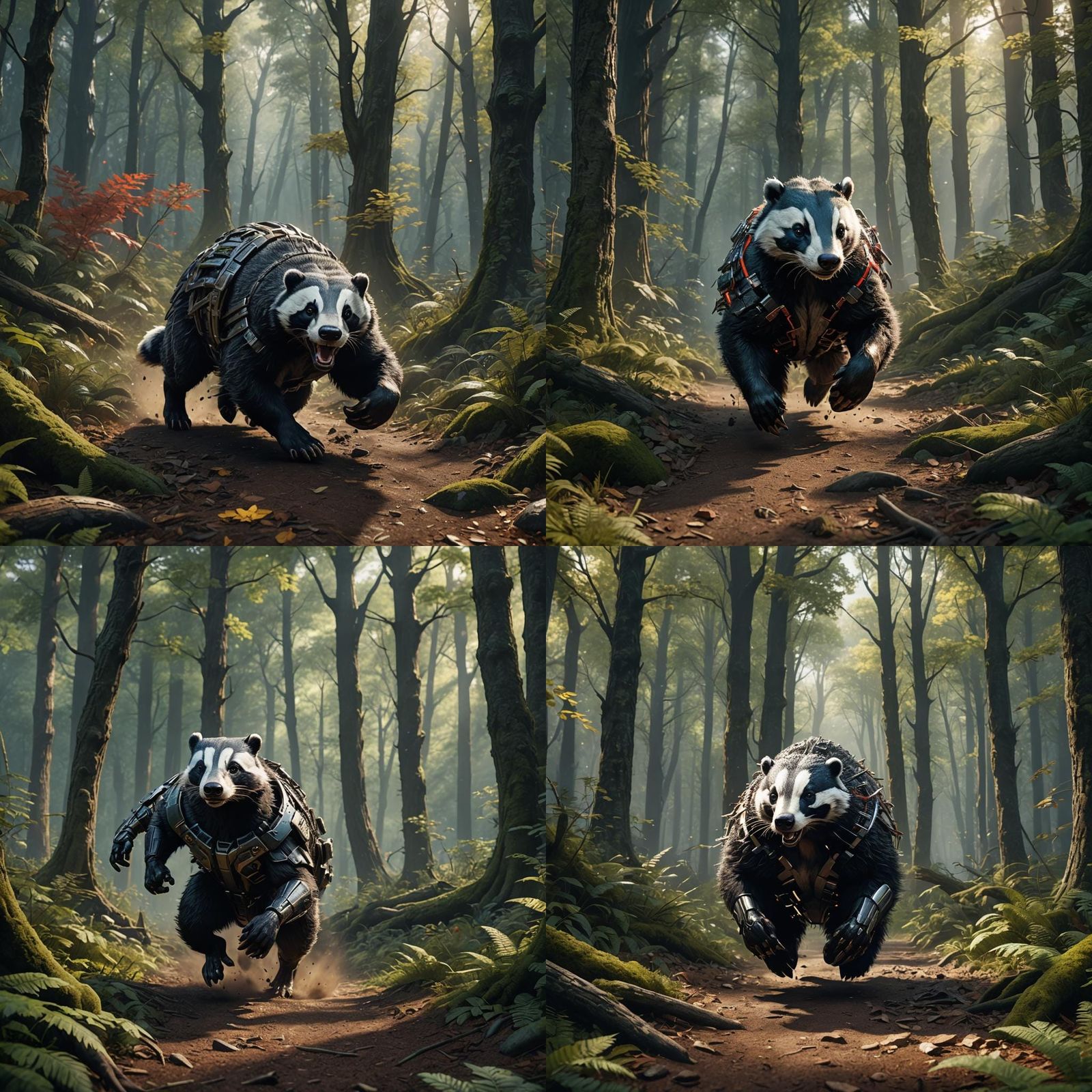 Bionic Badger Running Through Woods: Detailed Matte Painting