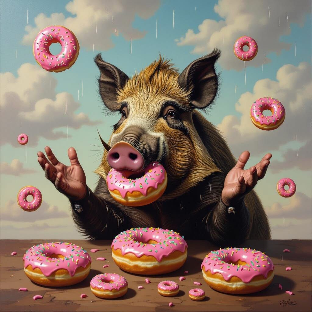 Surreal Boar Flies Through Donut Rain in Oil Style