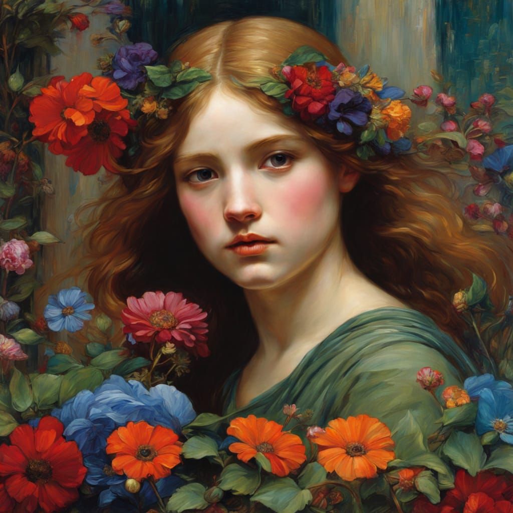 Jewel Tone Flowers in Pre-Raphaelite Style