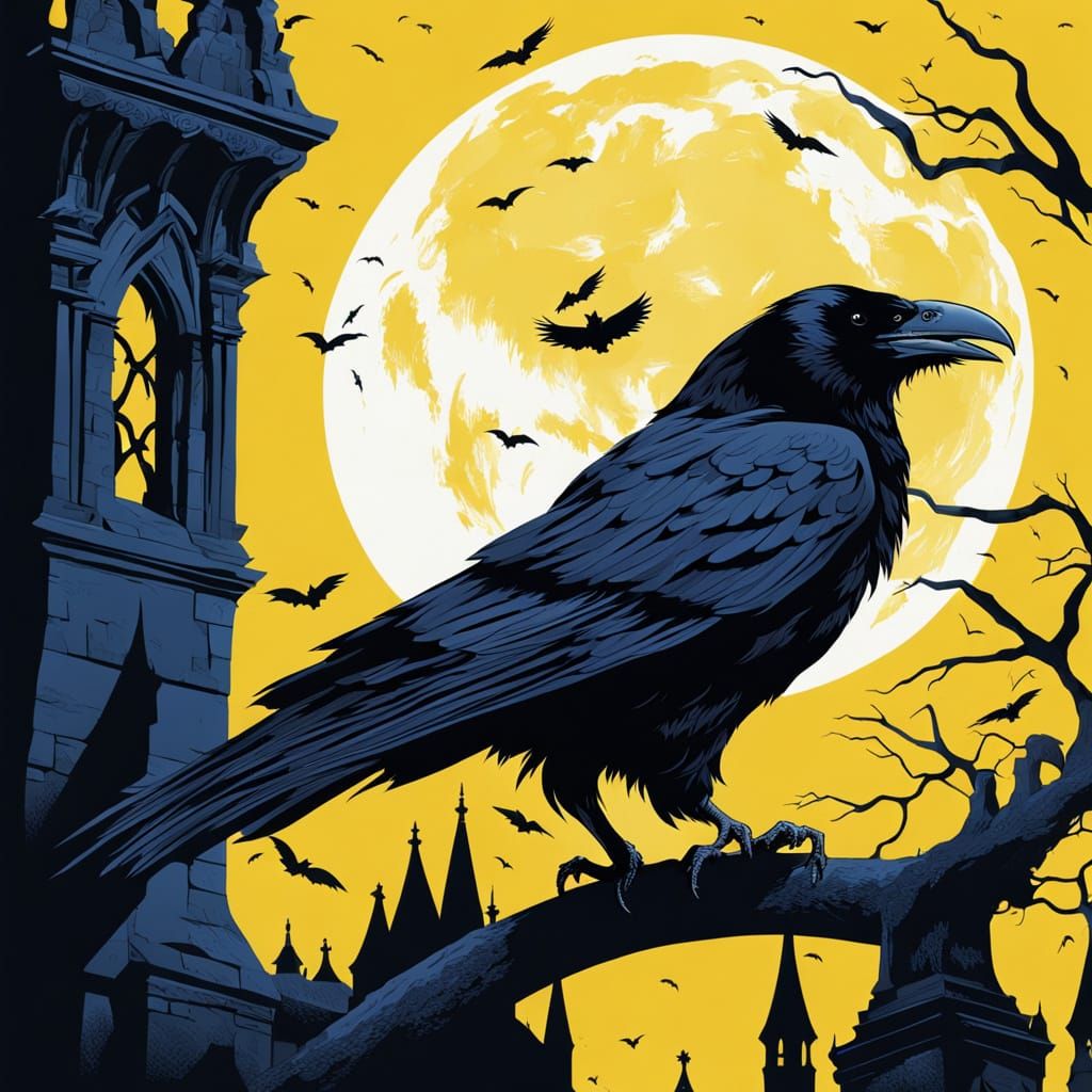 Gothic Horror Raven Perched on Gargoyle