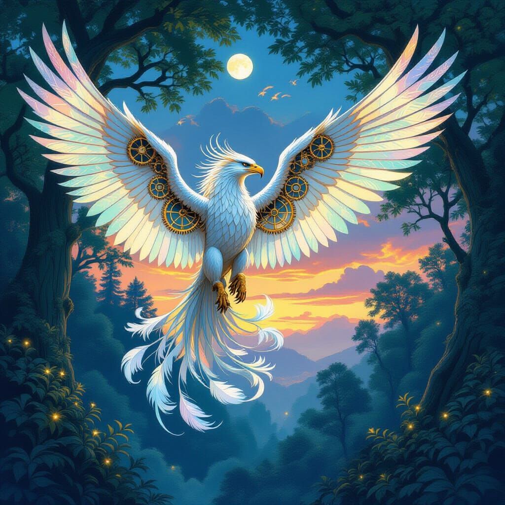 Gryphon Soaring Above Bioluminescent Forest