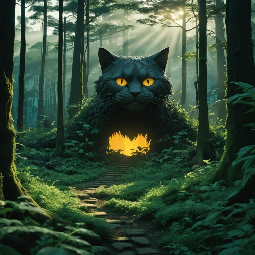 Majestic Feline Form Crafted from Verdant Plants in a Fantas...