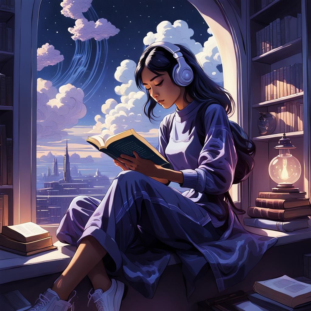 Lofi Anime Girl Studying, Fantasy Concept Art