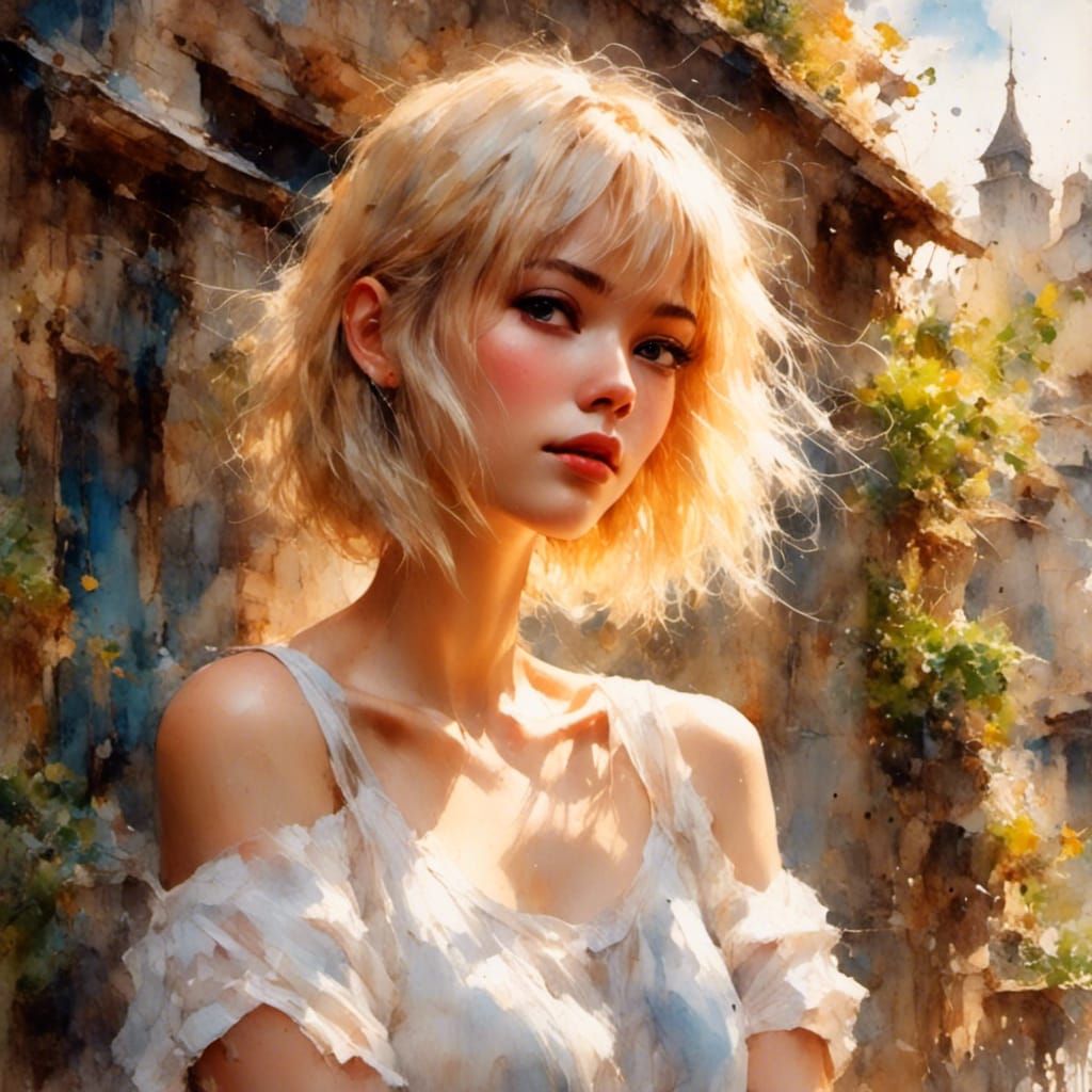 Smiling Blonde Woman in Warm Oil Painting