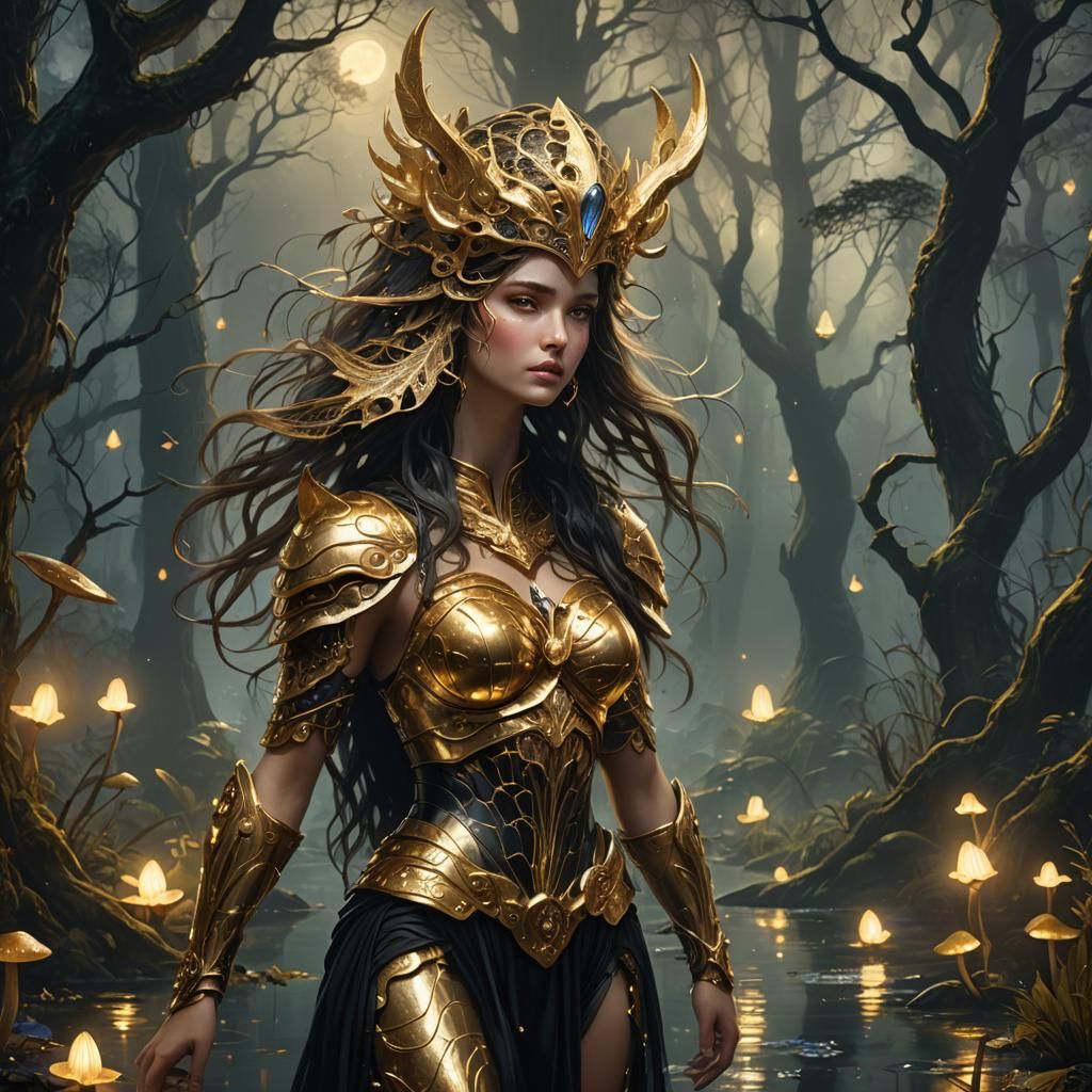 Aphrodite in Golden Armor in Starry Swamp Forest