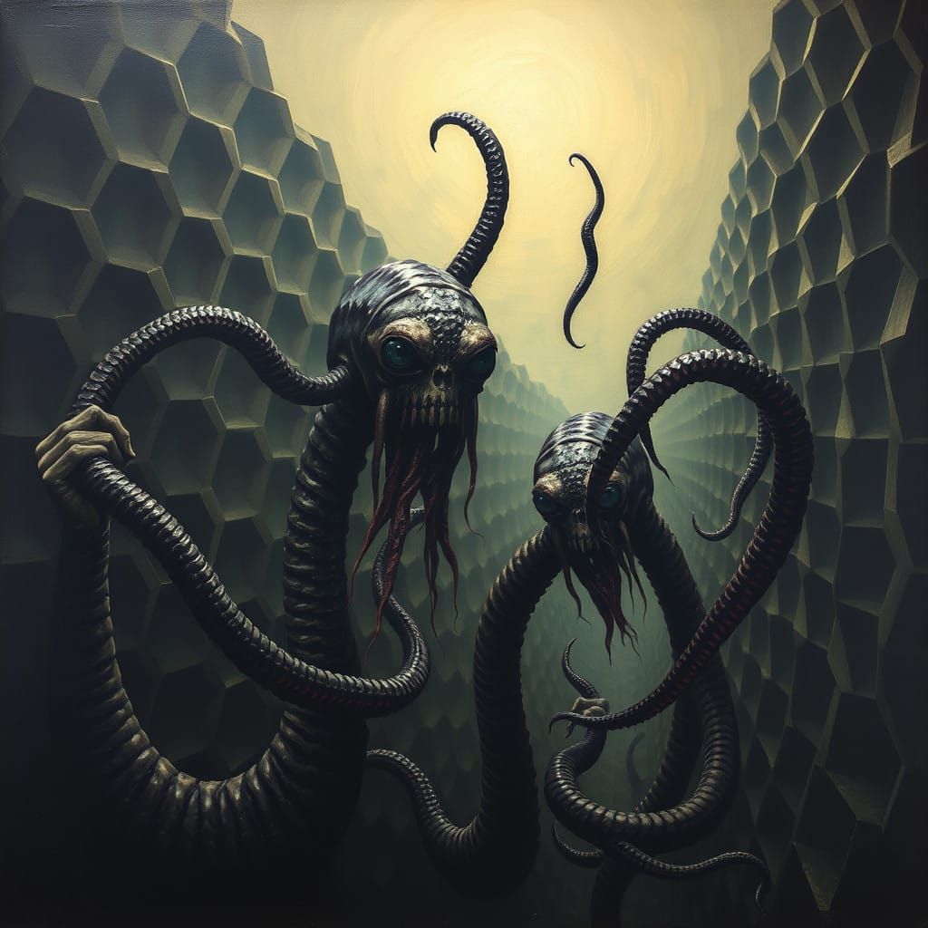 Disturbing Oil Painting with Twisting, Honeycomb Tentacles