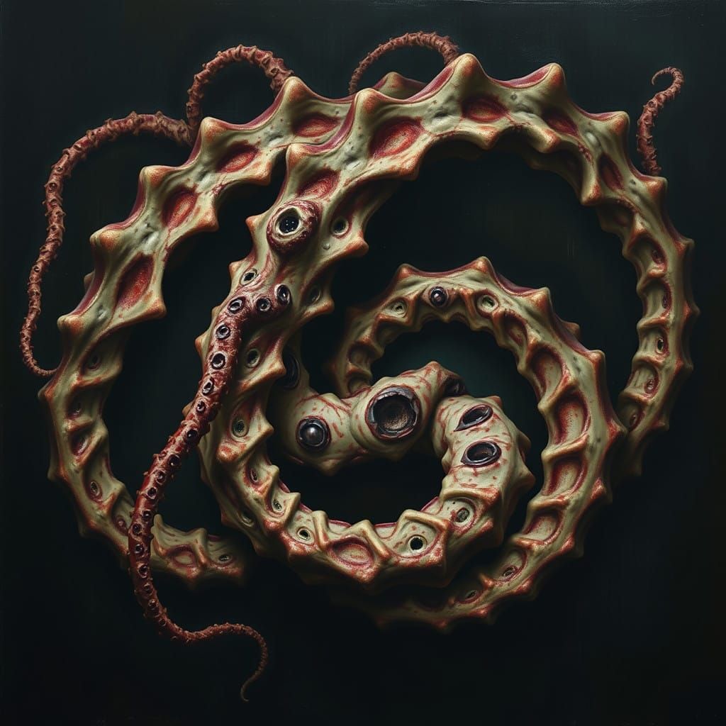 Crimson Tentacles in Eerie, Surreal Oil Painting