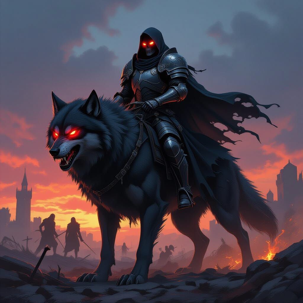 Skeleton Knight on Undead Wolf in Dark Fantasy Style
