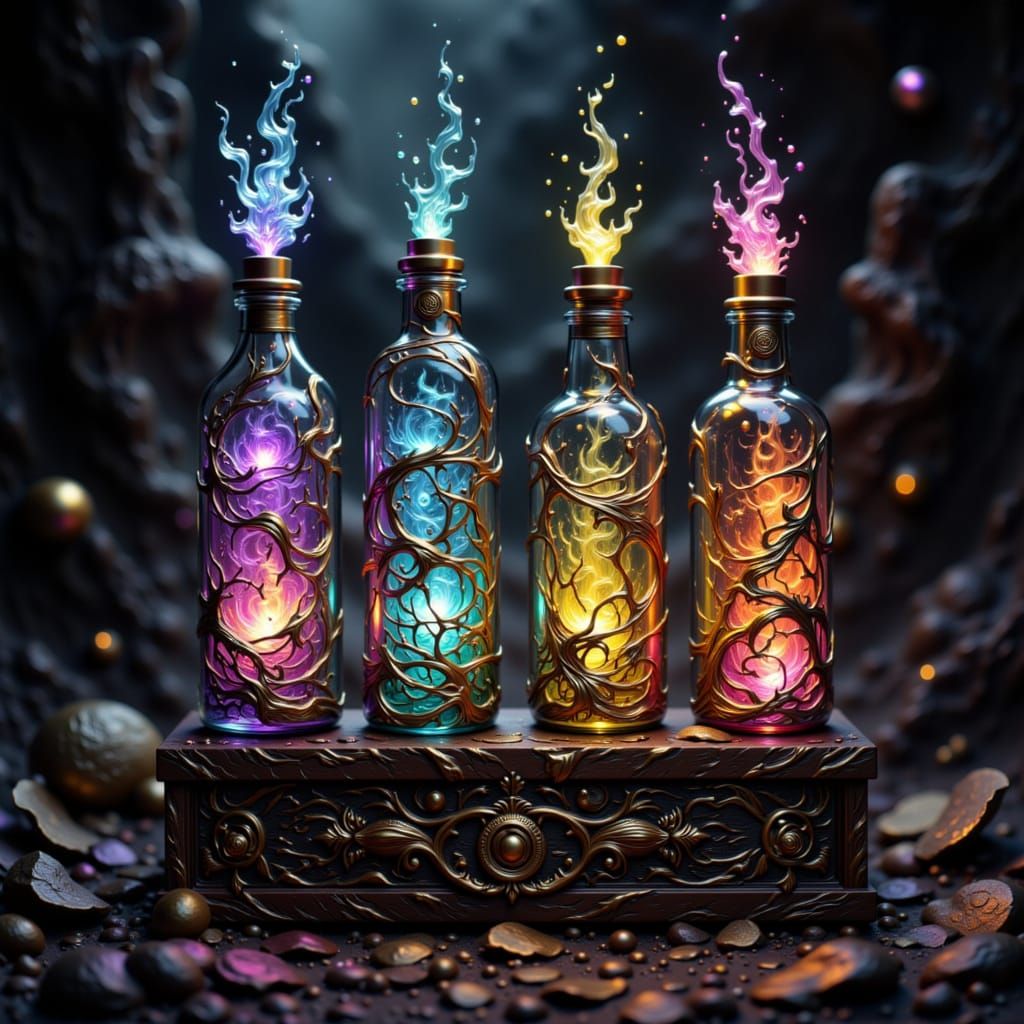 Magical Elemental Forces in Ornate Bottles