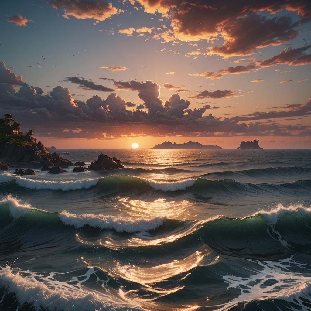 Calm Ocean Sunset in Detailed Matte Painting Style