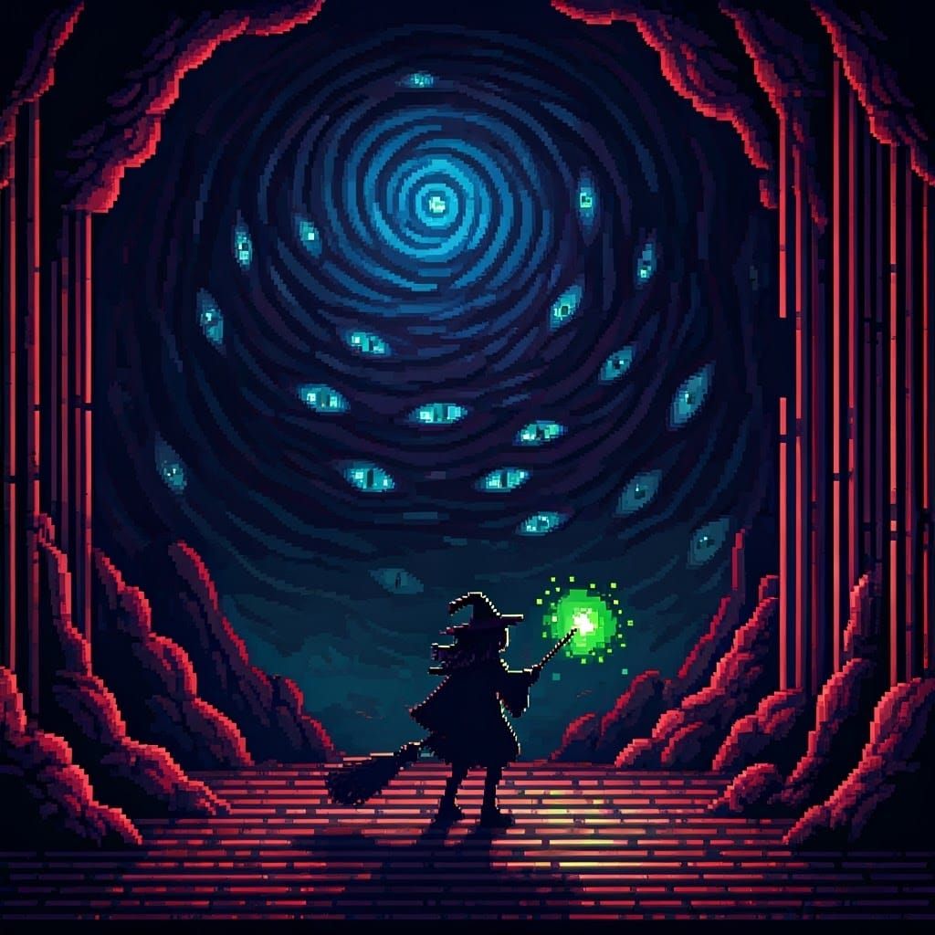 Pixel Witch Confronts Monstrous Entity in Retro-Style Cavern