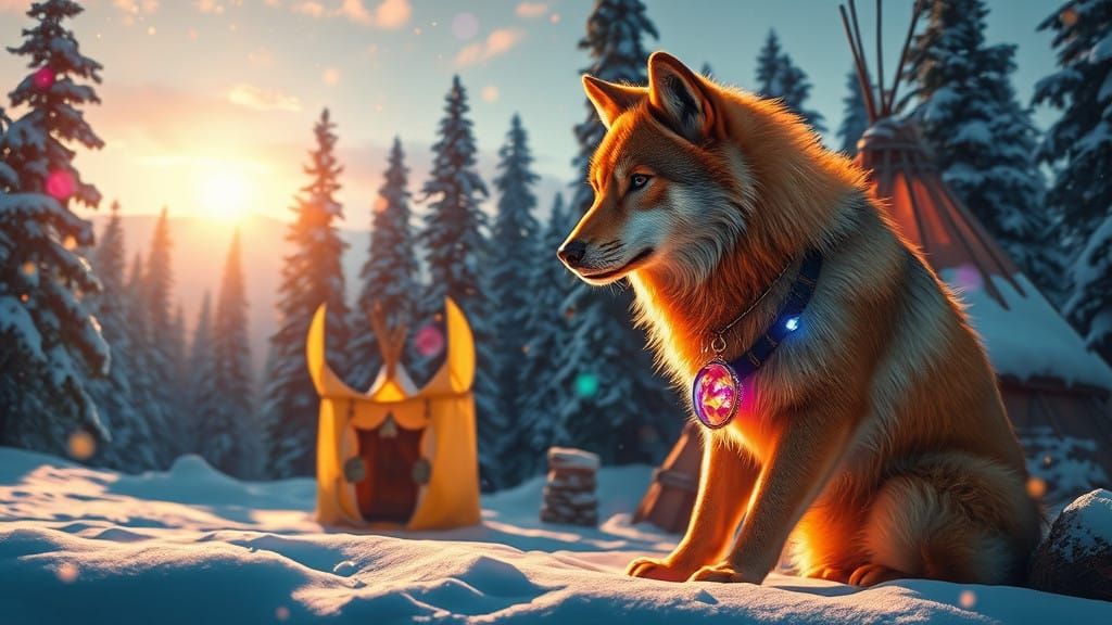 Winter Wolf in Vibrant, Iridescent Sparkles Amidst Snowy Lan...