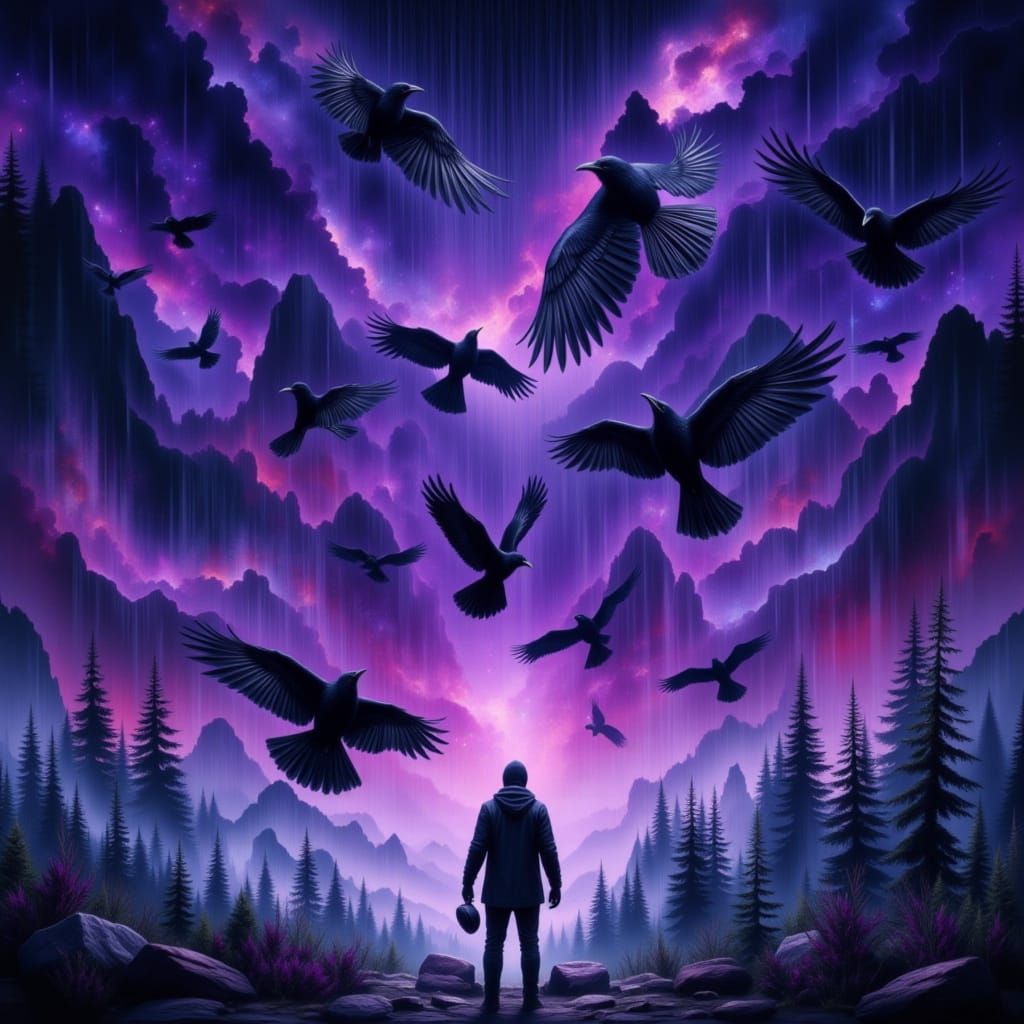 Crows Raining from Cyberpunk Starry Sky