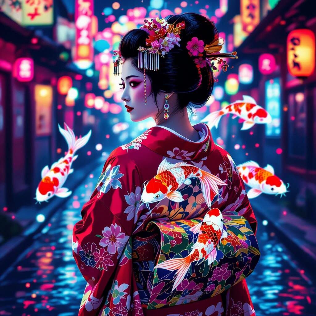 Geisha Portrait in Vibrant Neon Colors