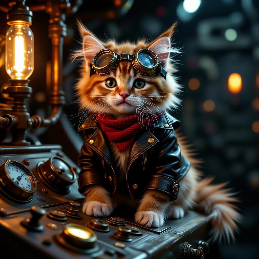 Steampunk Kitten Pilot in Dimly Lit Cockpit