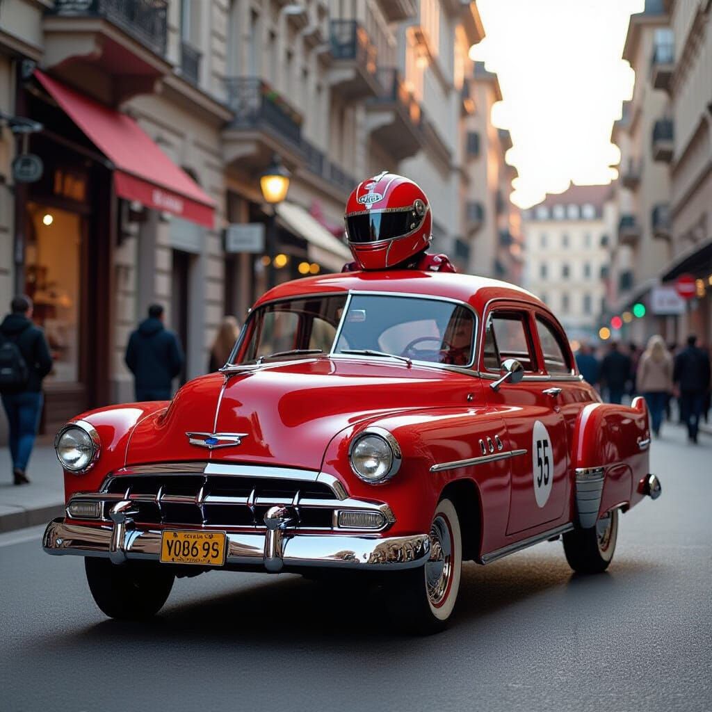Person in Vintage Race Car Costume in Art Deco Street