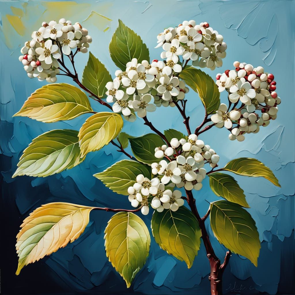 Viburnum branch is made on canvas.