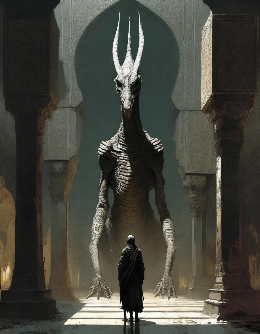 Lovecraftian Armored Figure in Mosque, Photorealistic Style