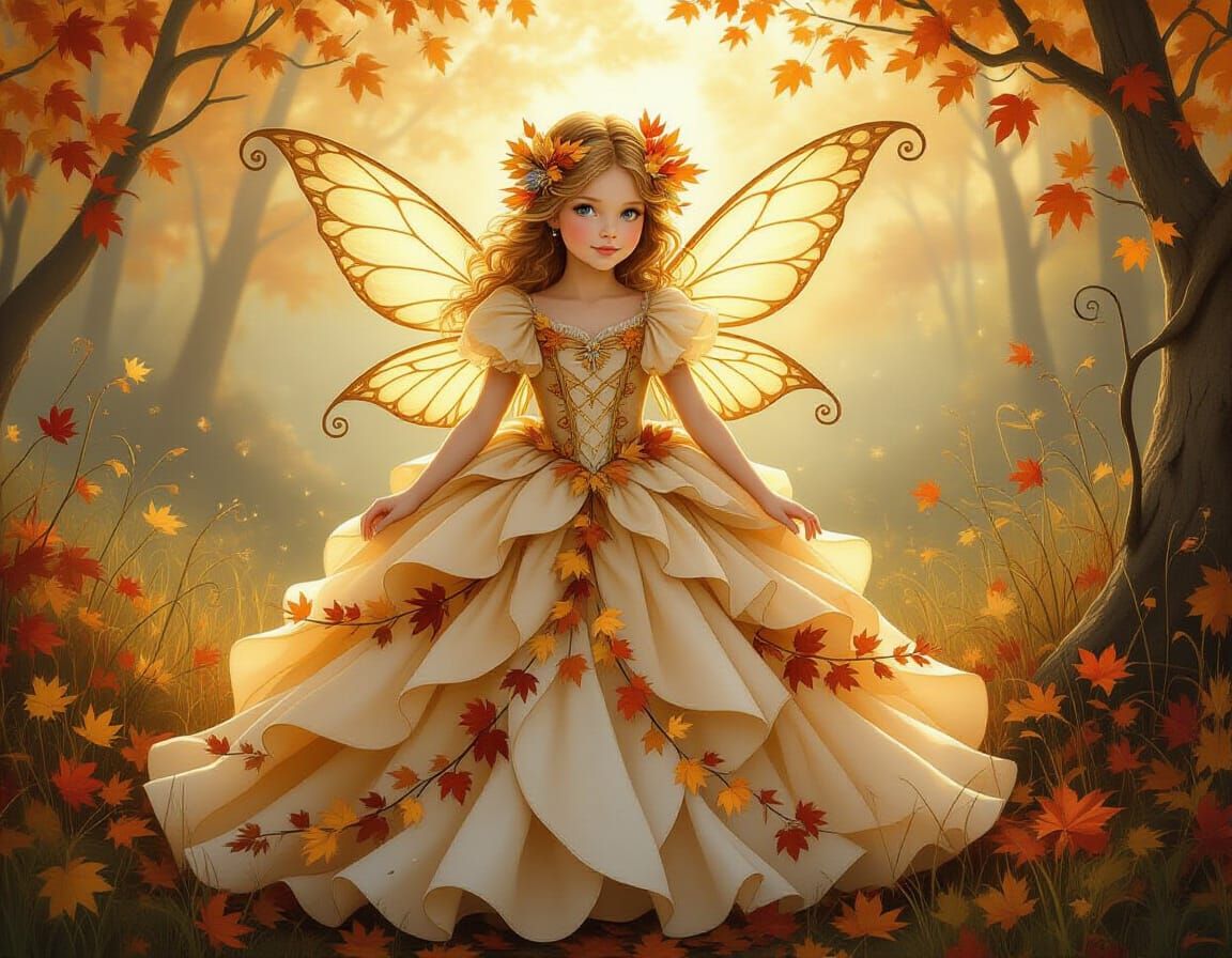 Autumn Fairy in Ballgown, Whimsical Art Style