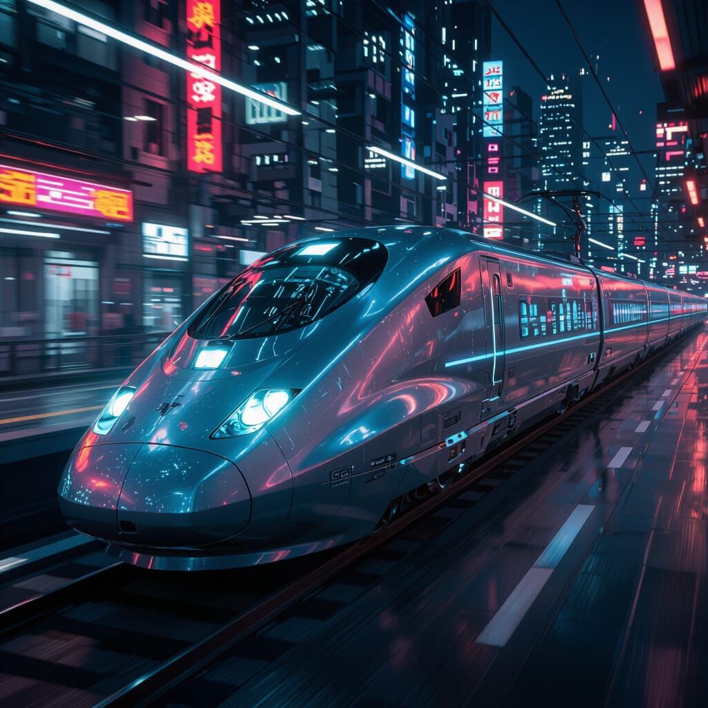 Futuristic Bullet Train in Neon Cityscape, Photorealistic 8k