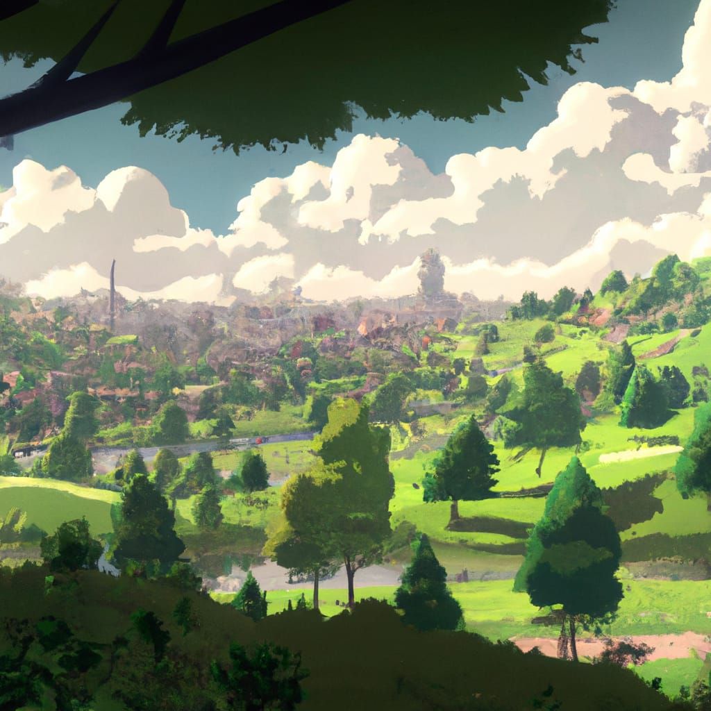 Lush Tree Overlooking City, Anime Film Screenshot