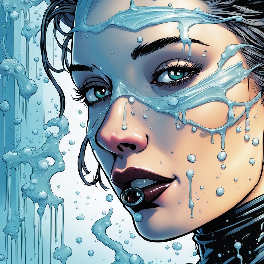Gothic Woman's Wet Face Close-up in Comic Book Style