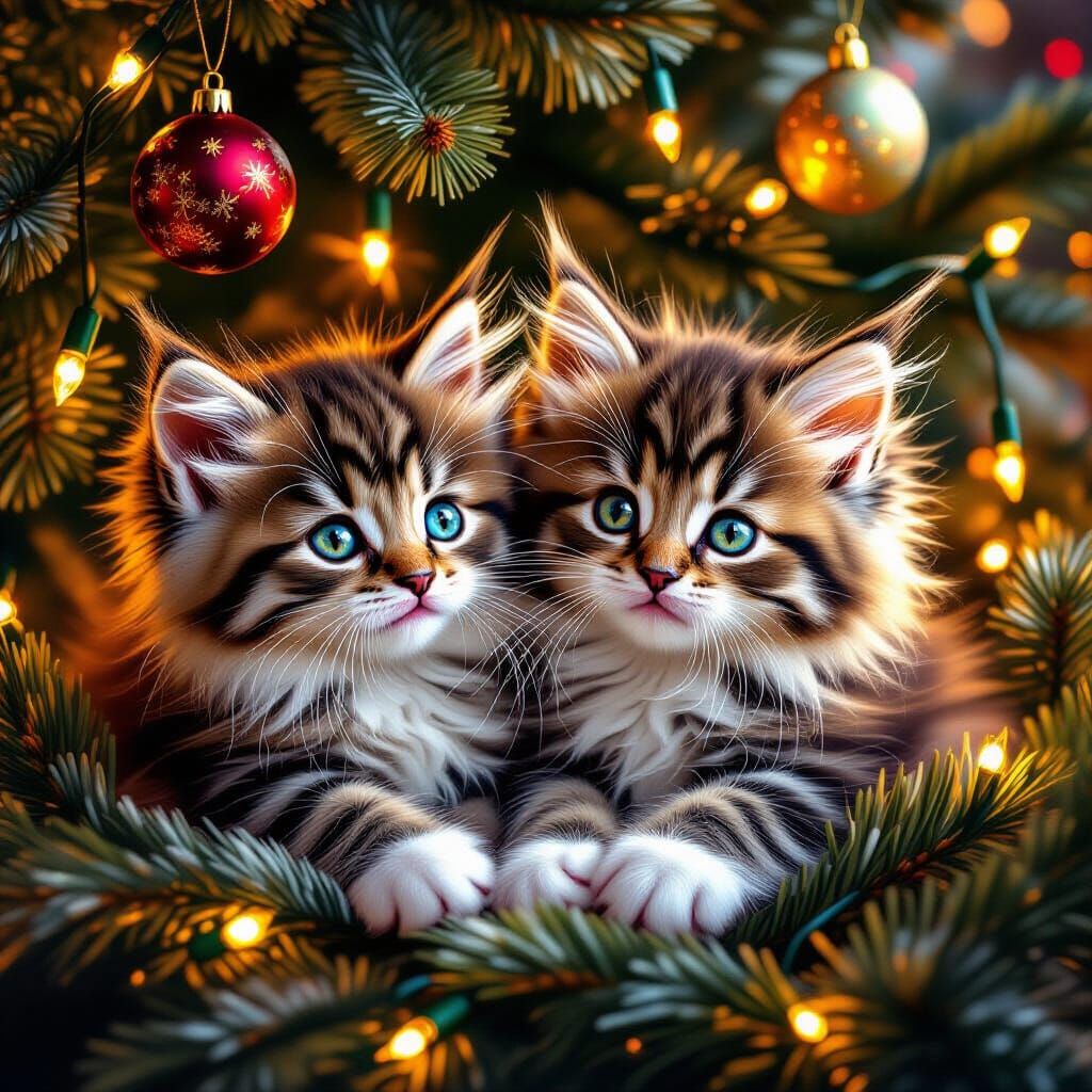 Fluffy Kittens in Christmas Tree with Dynamic Lighting