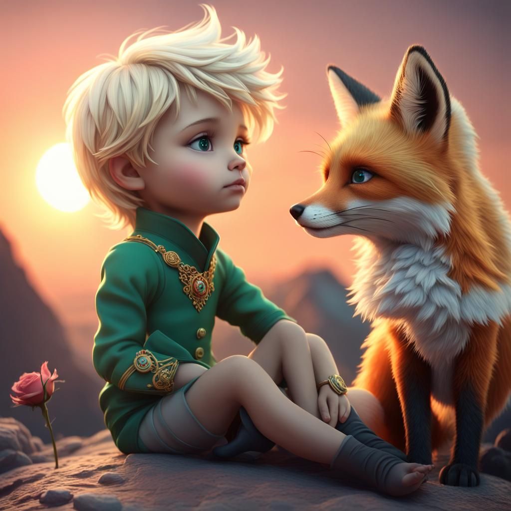 Little Prince, Fox, and Rose on Asteroid at Sunset