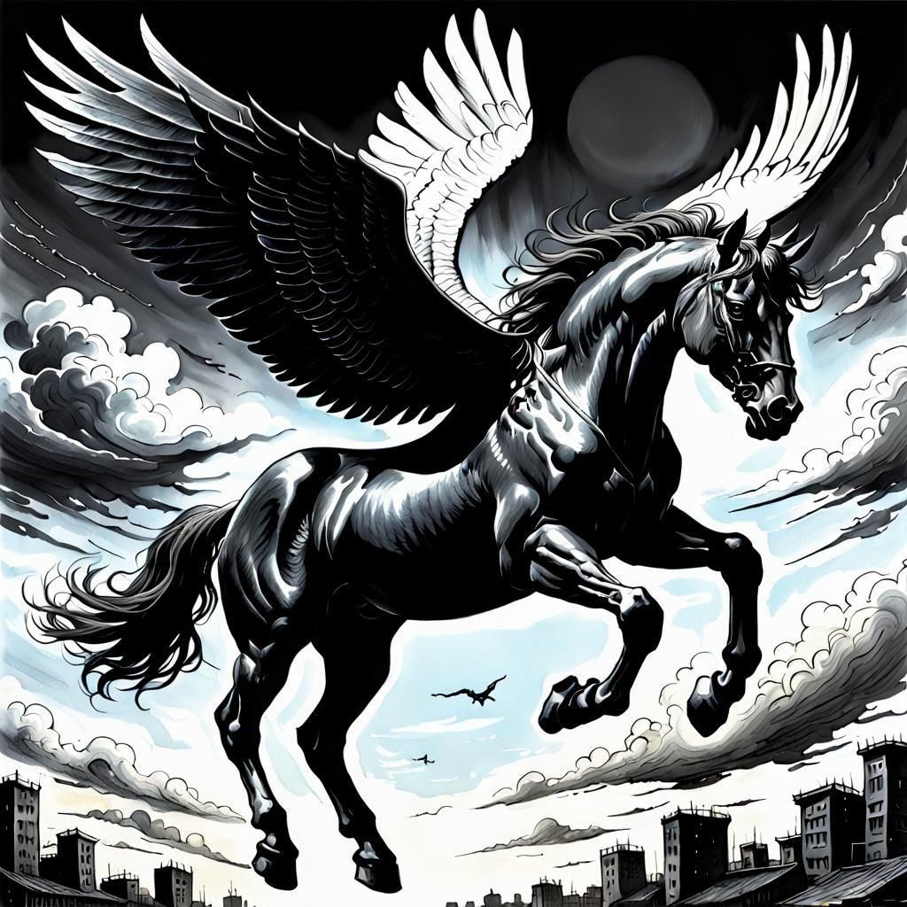 Black Pegasus Soaring Through Mag Mell in Ink