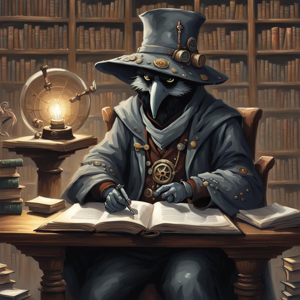 Steampunk Kenku Druid Studying in Library, Sinister Style