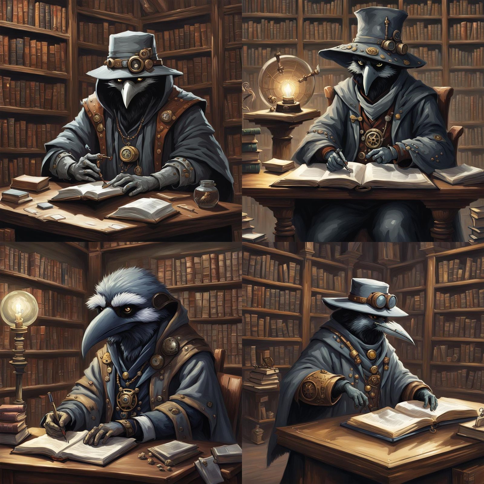 Steampunk Kenku Druid Studying in a Library