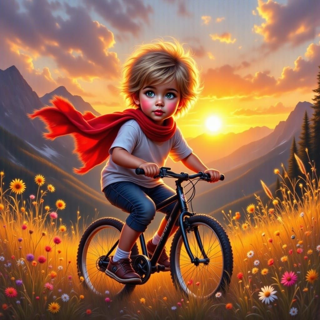 Determined Boy Riding Bicycle with Billowing Red Scarf in Su...