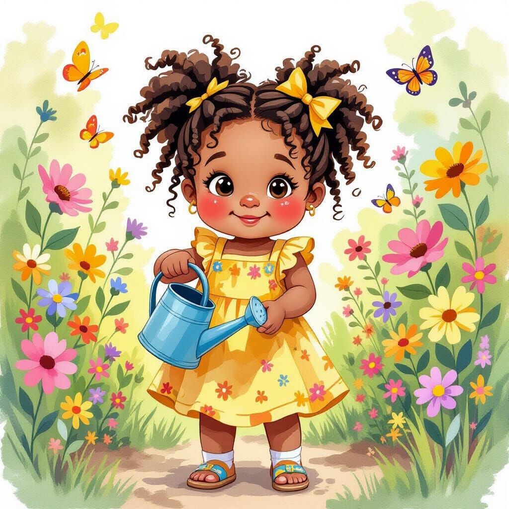 Girl in Garden: Expressive Watercolor of Childhood Joy