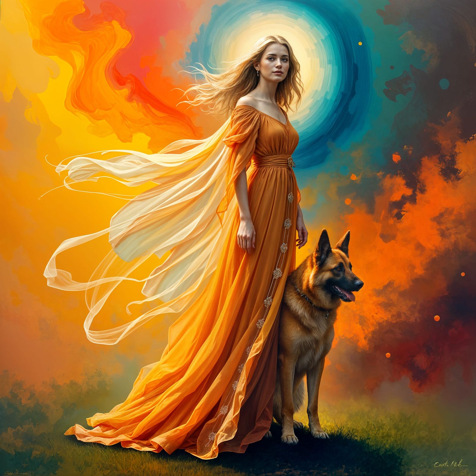 Ethereal Goddess Surrounded by Swirling Abstract Colors