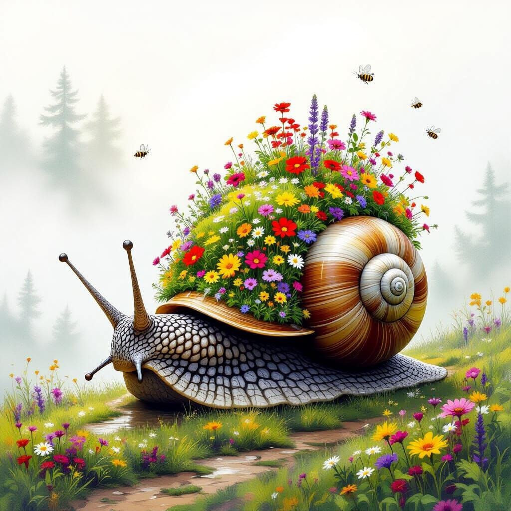 Garden Snail Guiding Insects Through Fog, Impressionist Styl...