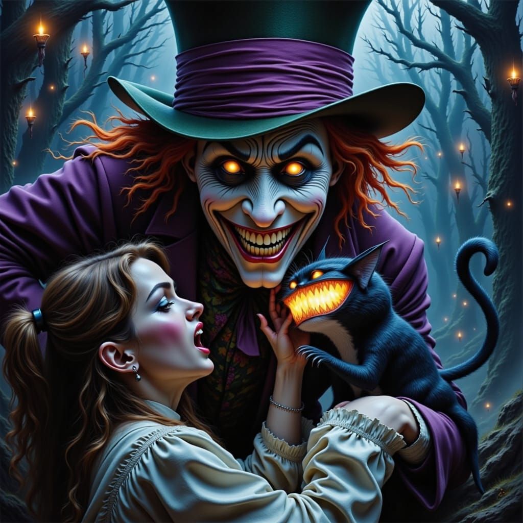 The Mad hatter holds the Cheshire cat terrifying Alice<lora:Moody:1.0>