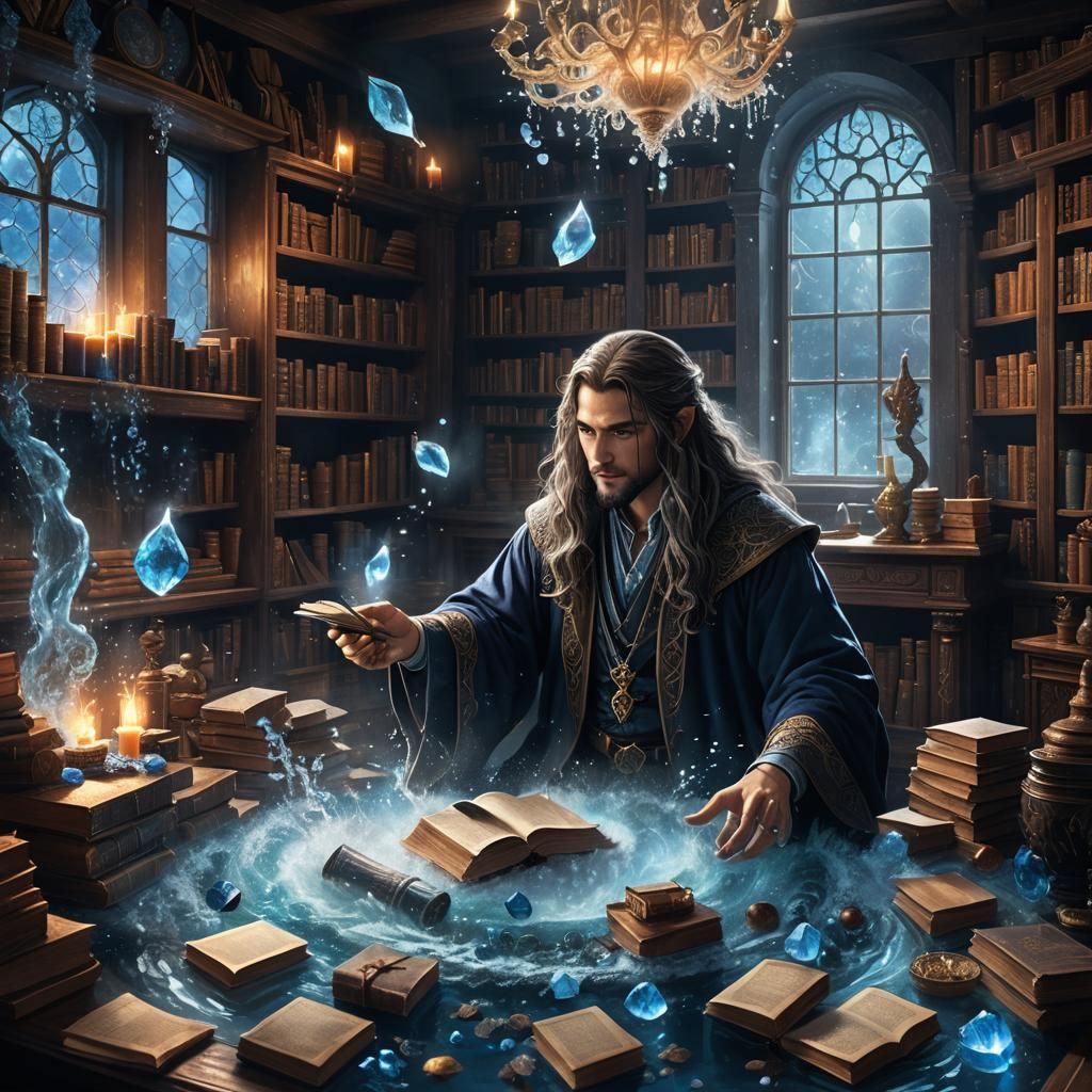 Young Wizard Practicing Water Magic in Cozy Room